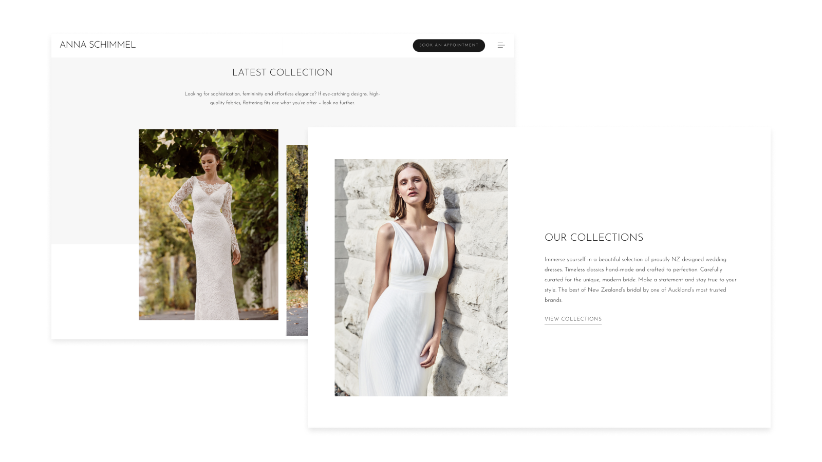 The Collection pages utiise elegant font and spacing with large photos of the product to highlight the elegant wedding dresses.