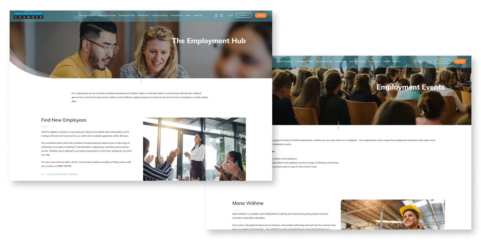Employment pages featuring photos of people smiling with well-spaced typography to utilize white space.