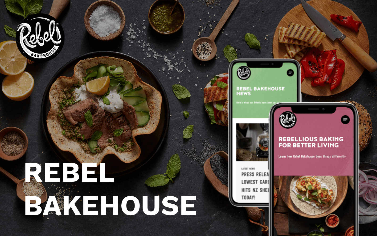 Mobile phones imposed over the hero image of Rebel Bakehouse's website.
