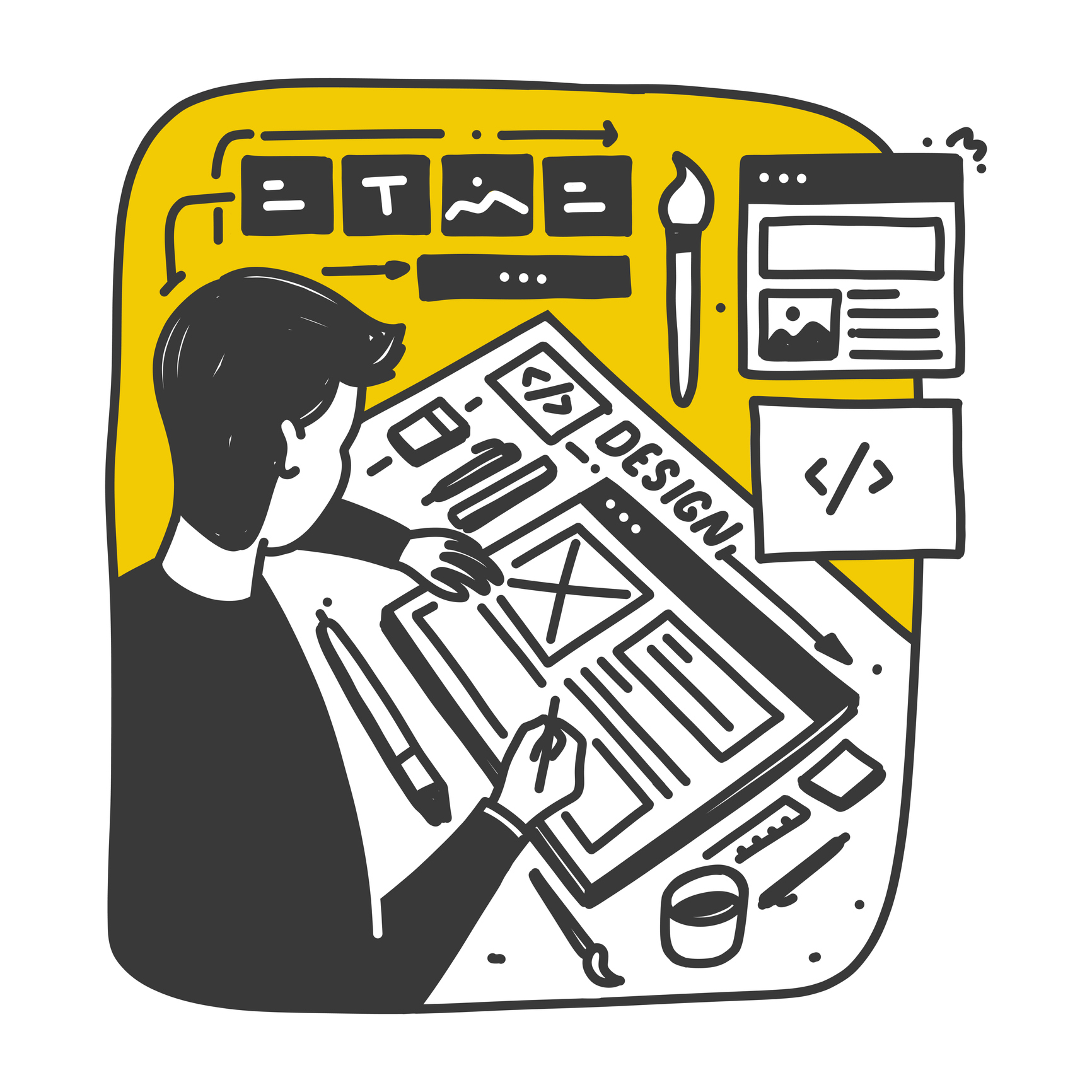 Drawing of a man working on a design layout at a desk.