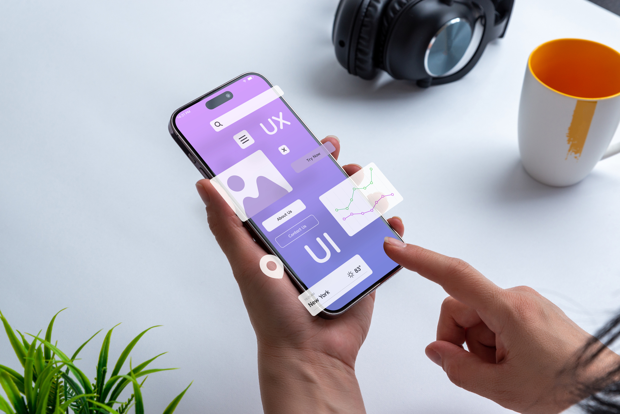 Woman holding smartphone with purple and white design reflecting UX and UI design.